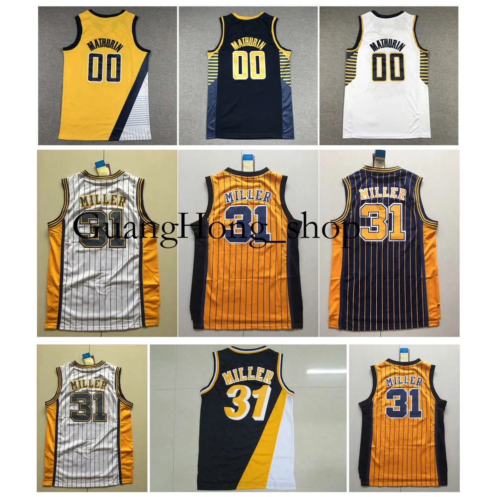 GH Pacer Reggie Miller Basketball Jersey Indiana Bennedict Mathurin Mitch and Ness Throwback Yellow Blue White Size S-XXL