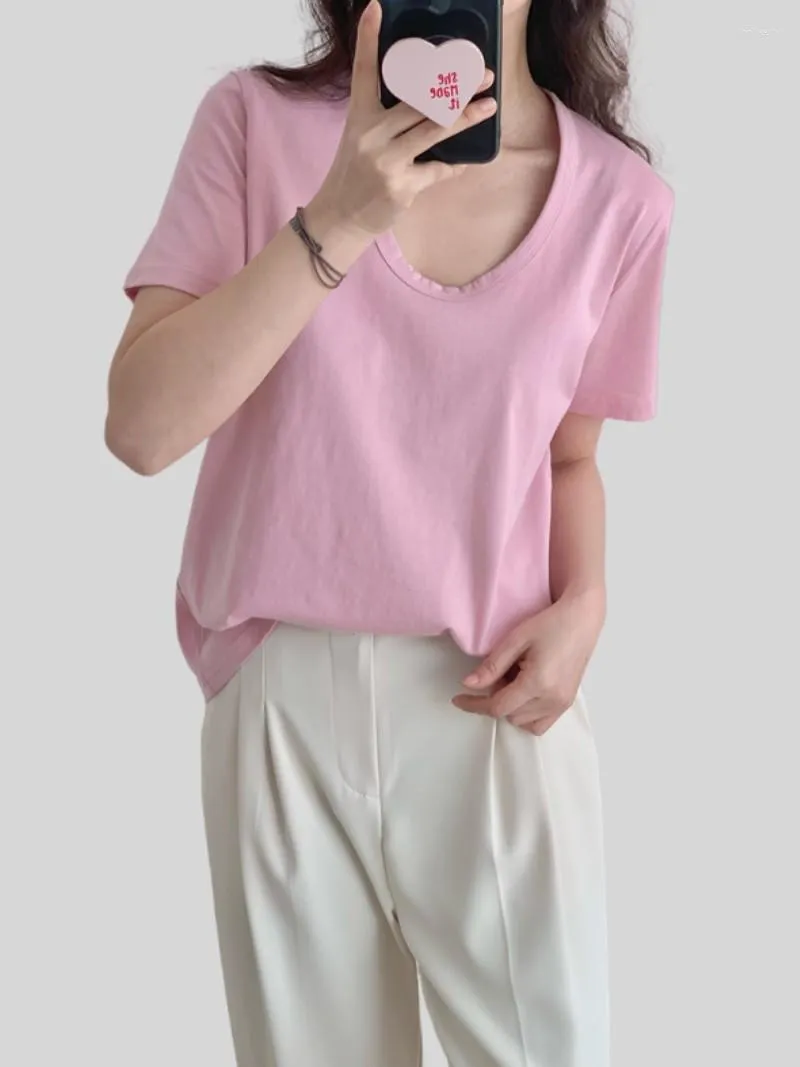 Kvinnors T -skjortor Kort ärm Simple Cotton Basic Shirt Women 2023 Summer Pure U Neck Sopa Casual Tee Top Pink