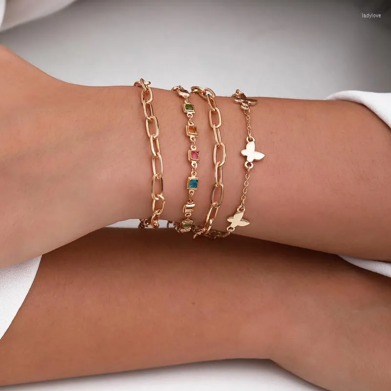 Bracelets à maillons 4 pièces/ensemble femmes mode coloré cristal papillon pour or doux strass chaîne Bracelet à breloques bijoux