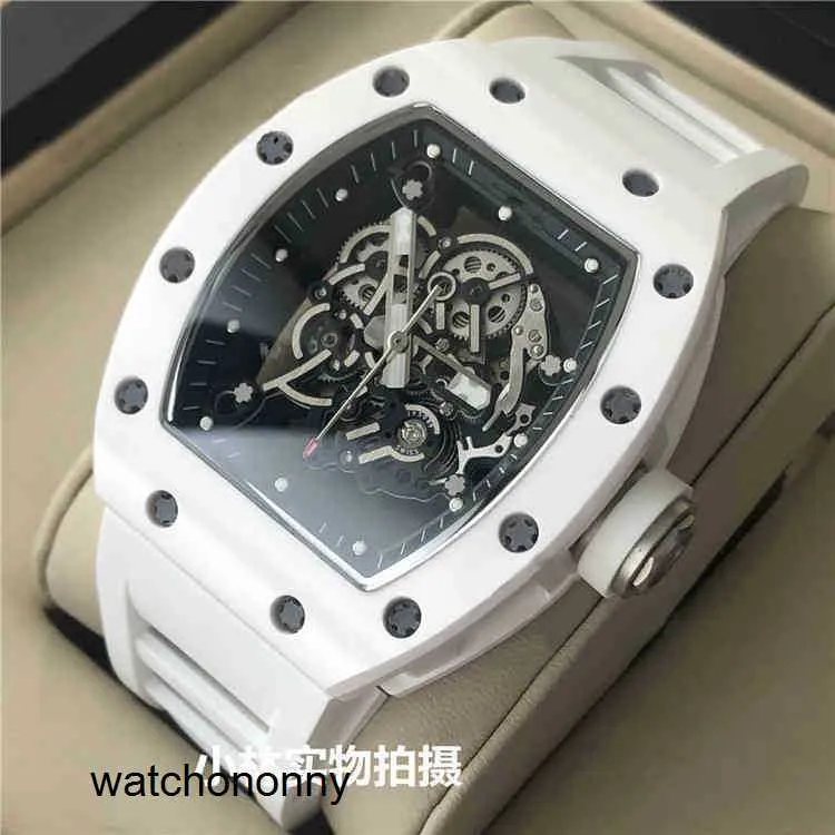 Watch Richa Luxury Barrel Type Mens Milles Mechanical Carbon Fiber Automatic White Ceramic Personality Large Dial Swiss Movement