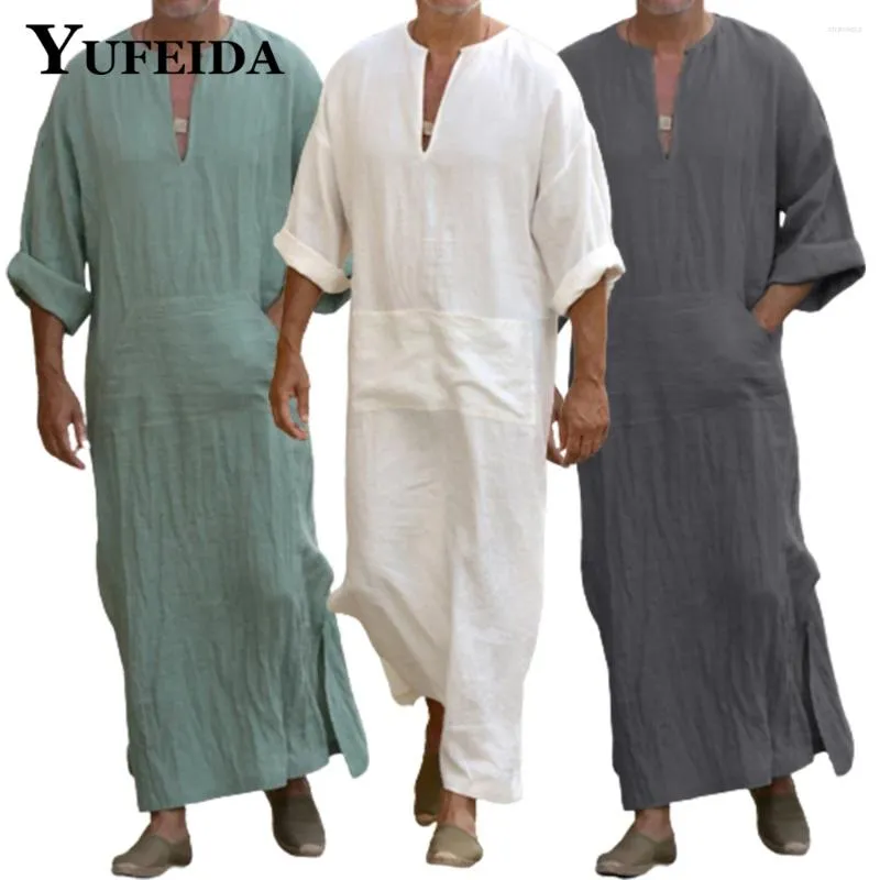 Ethnische Kleidung YUFEIDA Männer Lange Leinen Jubba Thobe Kaftan Muslimischen Arabischen Islamischen V-ausschnitt Ärmel Solide Baumwolle Robe Arabia Mann Abaya