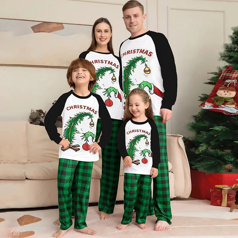 Christmas Plaid Family Matching Pajamas Set Black Green Soft Cotton 2024
