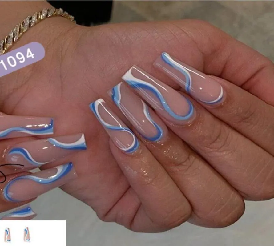 La linea d'onda 24 pzbox fashional Summer Full Cover Nails Tips Christmas Design Style Long Press On Nail Tips French ballet blue d4409664