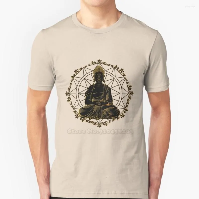 Erkek Tişörtleri Buda Mandala Gömlek Yaz Moda Gündelik Pamuk Yuvarlak Boyun Meditasyon Siyah Altın