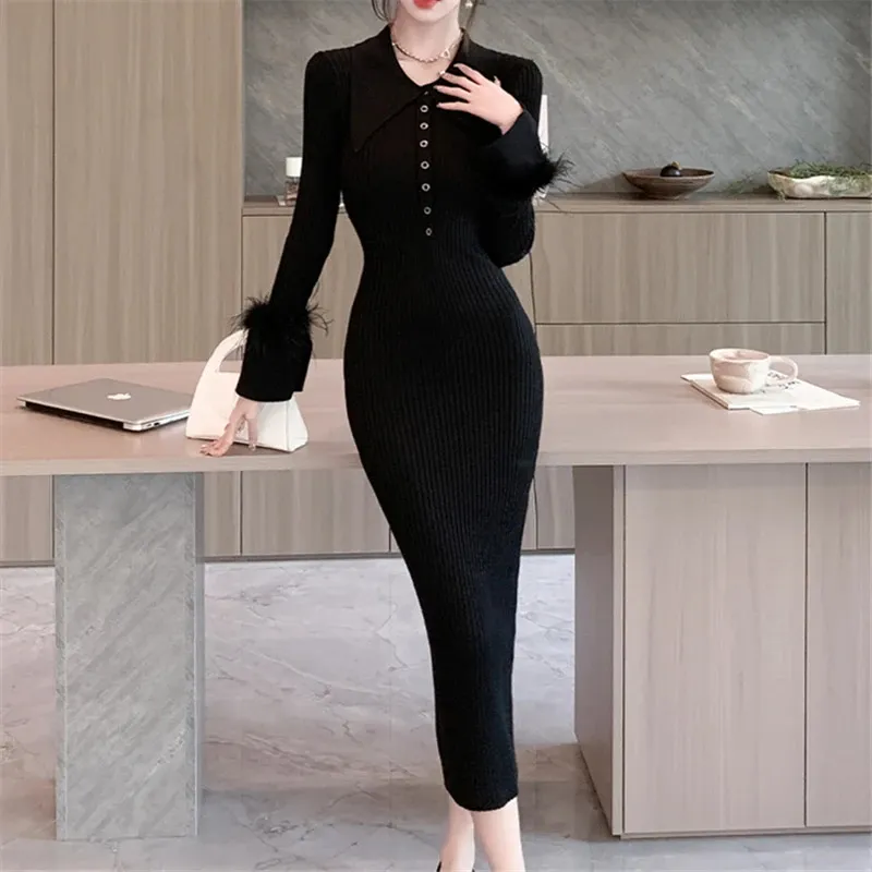 Korean Casual Outfits: Knitted Polo Neck Dress Long... From Pang01, $15.78  In Bulk | DHgate.Com