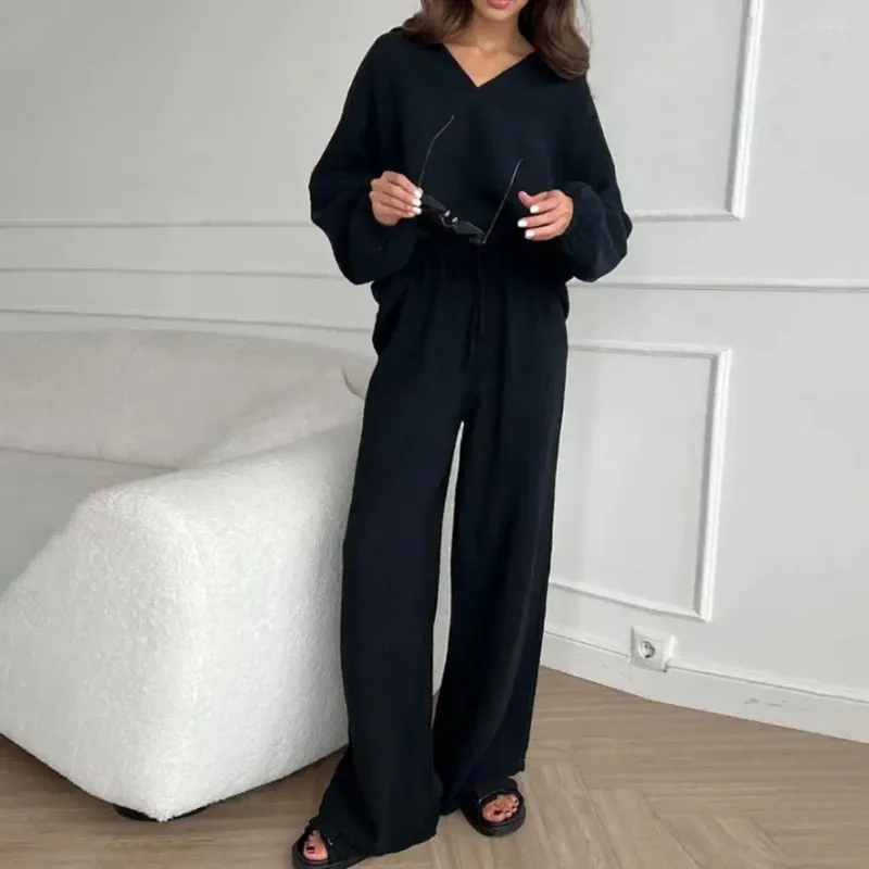 Women's Two Piece Pants Women Matching Set Stylish Two-piece Lapel Collar V Neckline Tops Loose Wide Leg For Spring/autumn