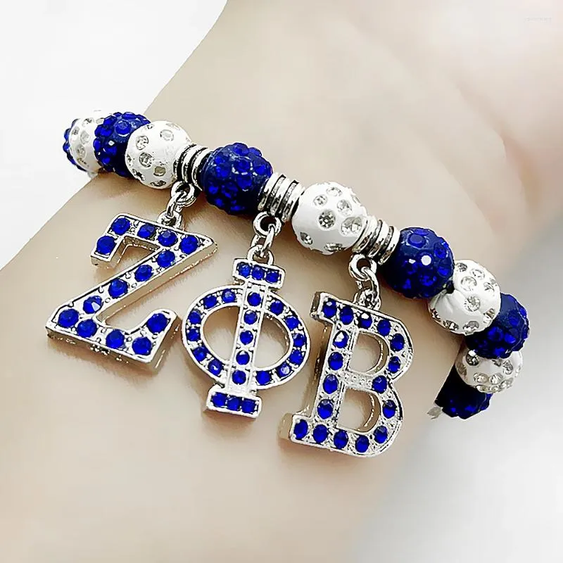 Charm Bracelets Handmade ZETA PHI BETA Letter Pendant Sorority Society Member Girls Rhinestone Bead Pearl Bracelet Bangle