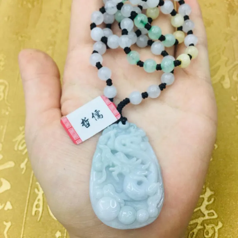 Anhänger Halsketten Natürliche JADESt Geschnitzte Ovale Dragon Play Ball Dreifarbige Perlenkette Herren Damen Kette