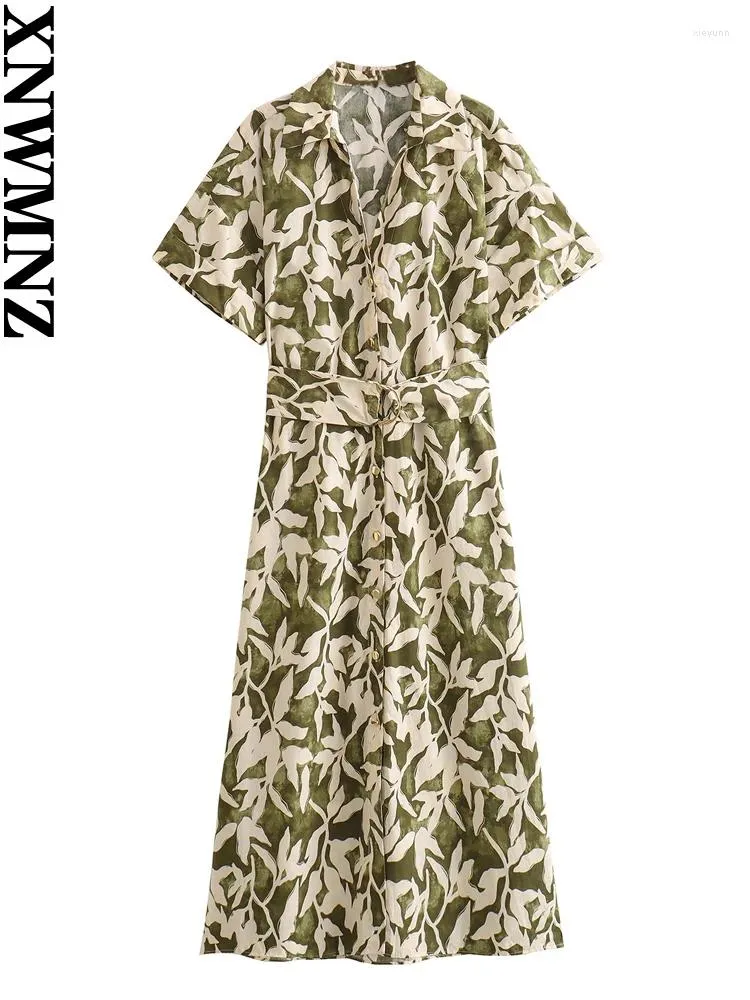 Robes décontractées Xnwmnz Mode féminine 2023 Robe chemise imprimée Femmes Vintage Revers à manches courtes Ceinture Bouton avant Femme Midi