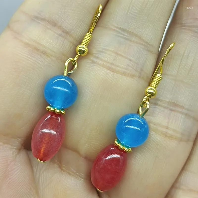 Boucles d'oreilles pendantes charmantes 8mm bleu saphir perles rondes 8x12mm rouge rubis riz mode femmes bijoux cadeaux