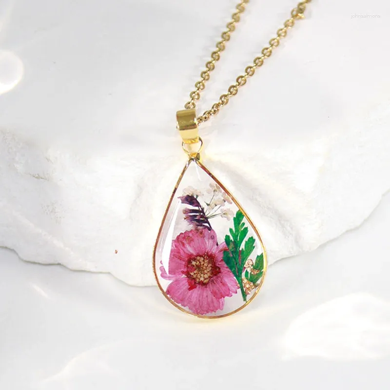 Correntes em forma de gota em forma de flor seca resina pingente colar acrílico transparente pétala seca encantos jóias presente para menina