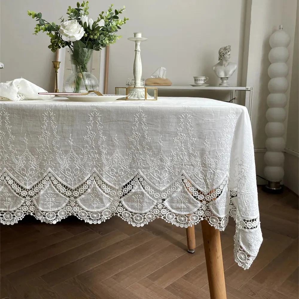 Mantel de algodón con bordado de flores de encaje blanco francés para decoración de fiesta de boda cubierta lujosa 231122