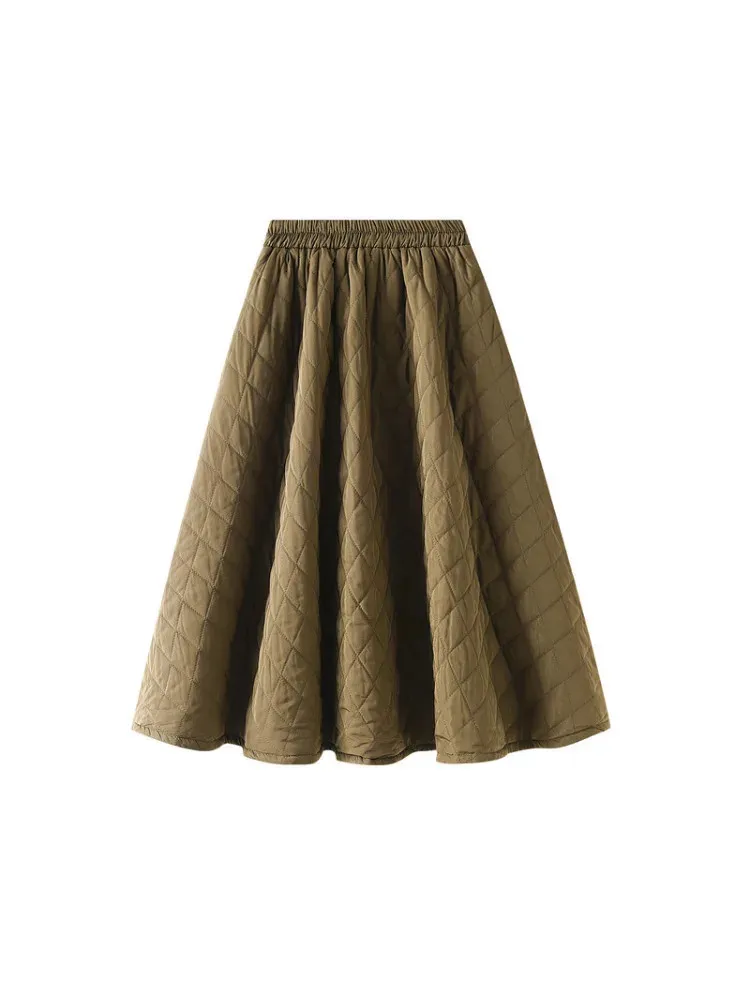 2024 Retro Cotton Padded Skirt Harajuku Vintage Plaid A Line High Waist Midi Skirt for Women