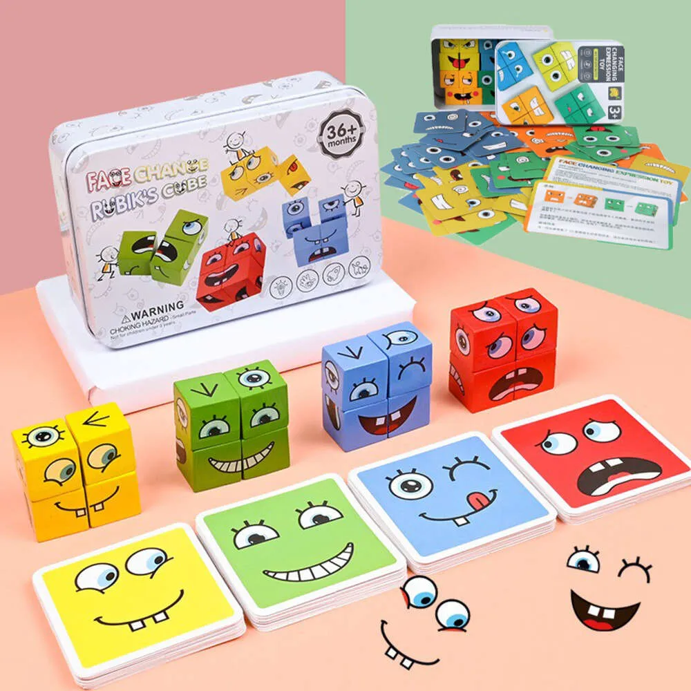 Blocs de construction Cube visage changeant, jeu de société, Puzzle de dessin animé, jouets Montessori, niveau en bois, défi de réflexion, jouets pour enfants, nouvelle collection