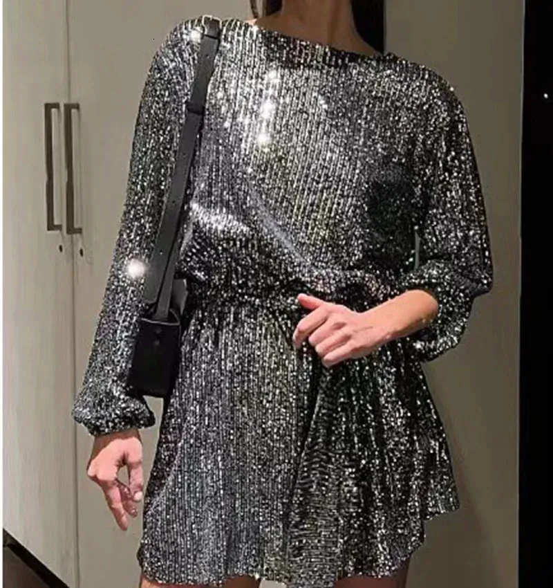 knee length dresses for ladies SEQUIN LONG SLEEVE MINI DRESS (RUNWAY) – PatBO main image 0