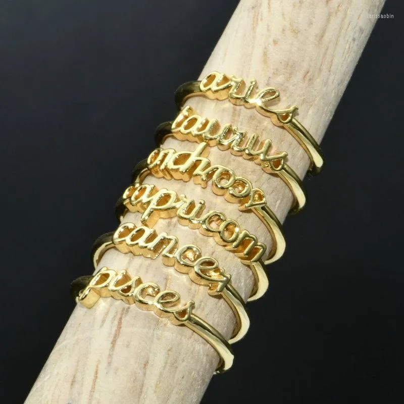 Clusterringen 12 stks/Lot sieraden 14k GOUD GOLDED Simple Zodiac Twaalf Constellations Letters Open Aanpassing Ring voor vrouwen meisje