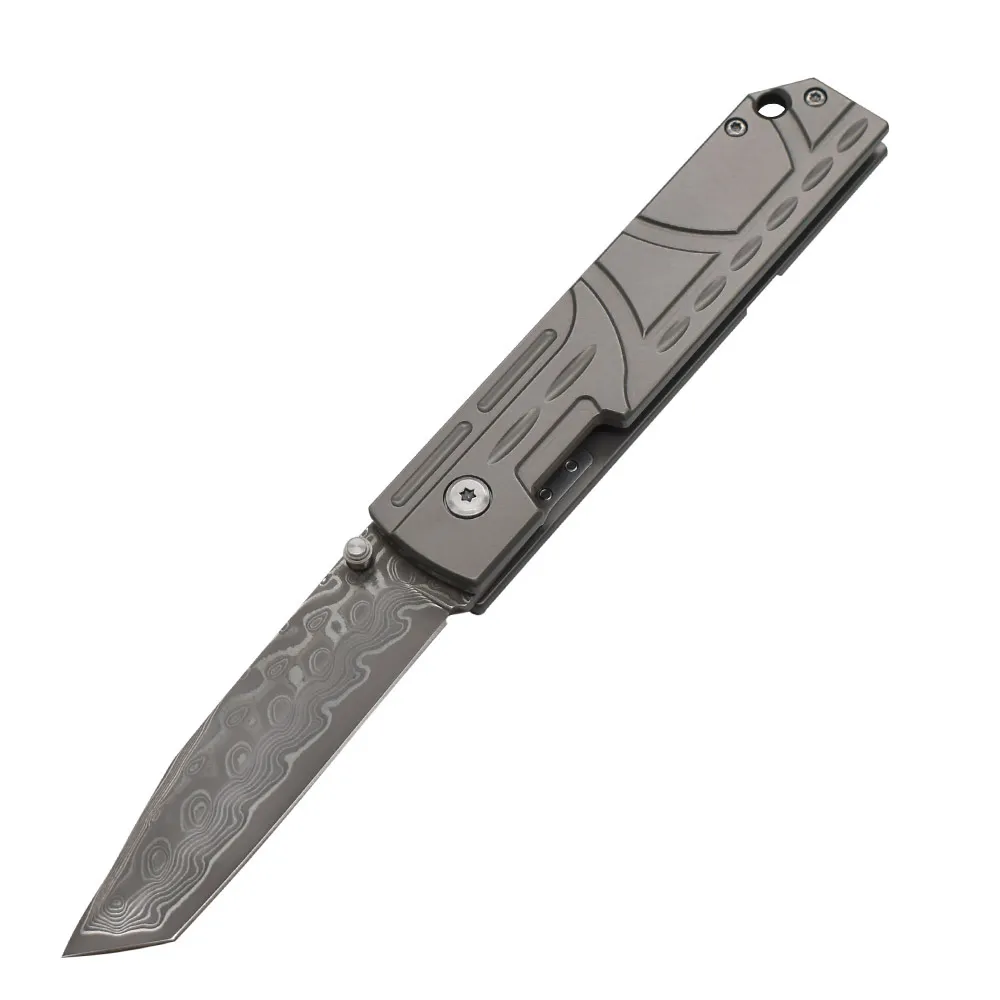 Nova chegada A1898 Faca dobrável Damasco Aço Tanto Blade TC4 Titanium liga Holdre EDC Pocket Pollow Facas Melhor presente para homens