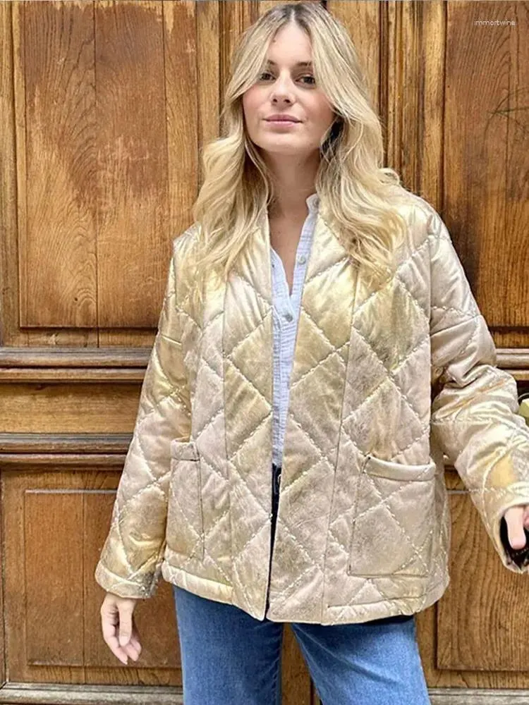 Damskie okopy płaszcze kobiet grube kurtka jesienna zima klasyczna kratowa złota luźna bawełniana płaszcz 2023 mody kieszonkowa dama