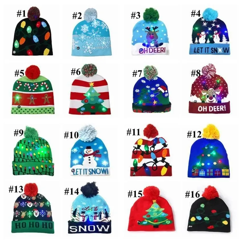 16 -stijl LED Kerstmis Halloween gebreide hoeden Beanies Kids Baby Mom