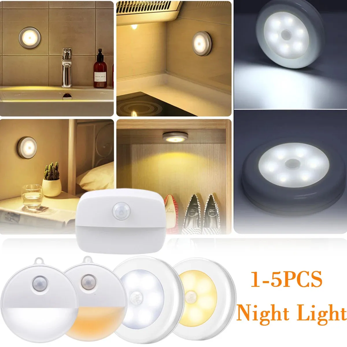 Objetos decorativos estatuetas sensor de movimento LED luz noturna sem fio redondo alimentado por bateria lâmpada de cabeceira luzes de cabeceira para quarto iluminação de armário doméstico 231122