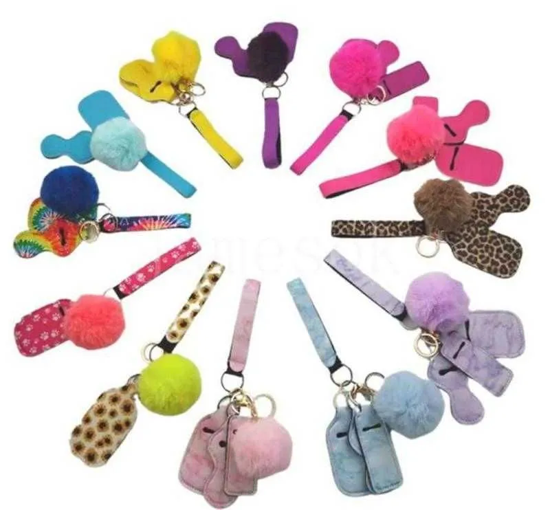 Defense Keychain Set Pompom Hand Sanitizer Wrist strap Lipstick Keychains Silver Keyring For Woman Men Self-defense Keyrings DD037