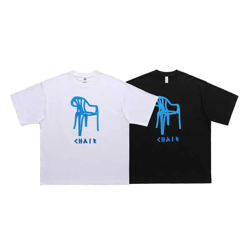 hommes et femmes T-ShirtsLawFoo Printemps/Été China-Chic American Street Skew Chair Imprimer Col Rond Hors Épaule Loose Edition Couple T-shirt Mode