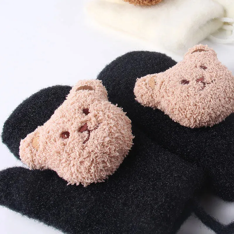 Children's Fingerless Gloves Children's Solid Color Gloves for Warm and Cute Little Bear Double Layer Finger Knitted Plush Neck Hanging Gloves for Winter 231123