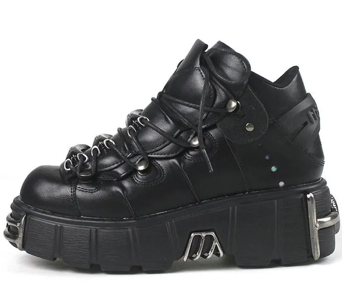 2024 primavera novo atacado sapatos femininos de metal pesado sola grossa alta superior punk pequenos sapatos de couro gótico botas locomotiva escuras