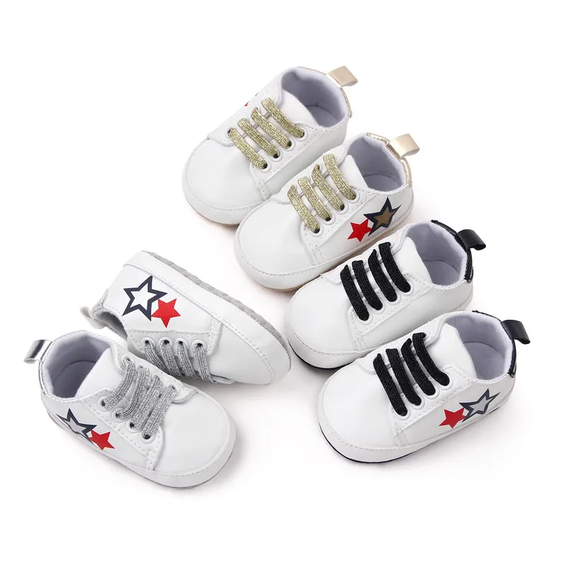 Eerste wandelaars pasgeboren babyjongen meisje schoenen baby peuter casual sneakers pu letter anti-slip katoenen zool kruip krib schoenen