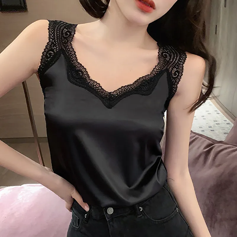 Débardeurs pour femmes Camis Shintimes Noir Dentelle Dos Nu Camisole Satin Soie D'été Tops Débardeur Femmes Vêtements Blanc Cami Gilet Femme Haut Femme 230422