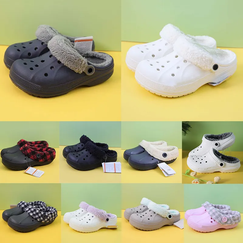 designer lined fur croc sandals mens fashion clog fuzz-strap flat slides black white blue green pink winter warm fur slippers men women kids platform sneakers sandles