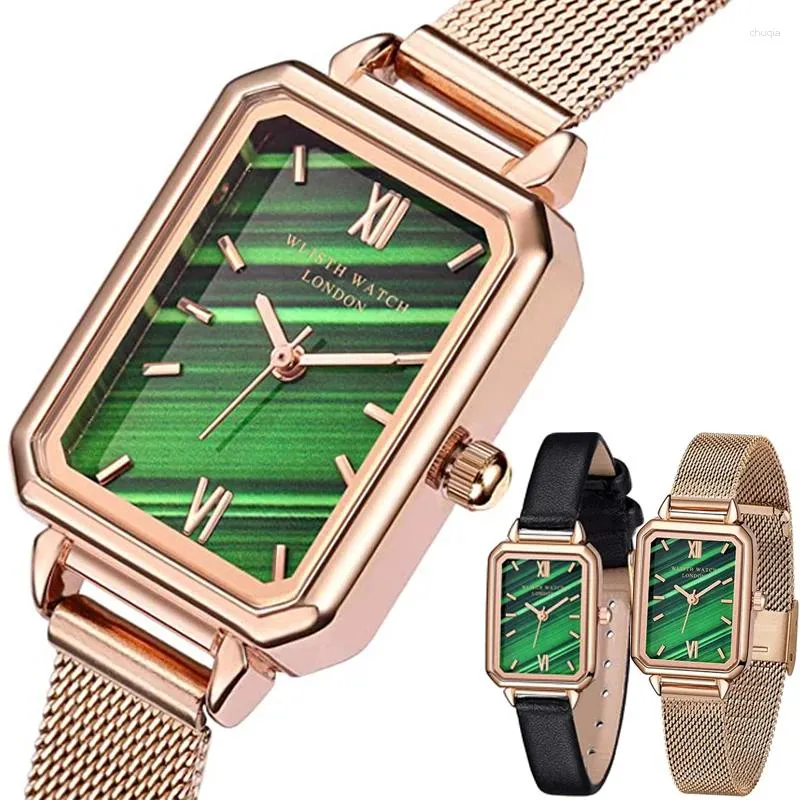 Relojes de pulsera Sdotter Relojes de lujo para mujer Vintage Green Square Ladies Reloj de cuarzo Marca Dial Simple Rose Gold Cuero Correa de acero