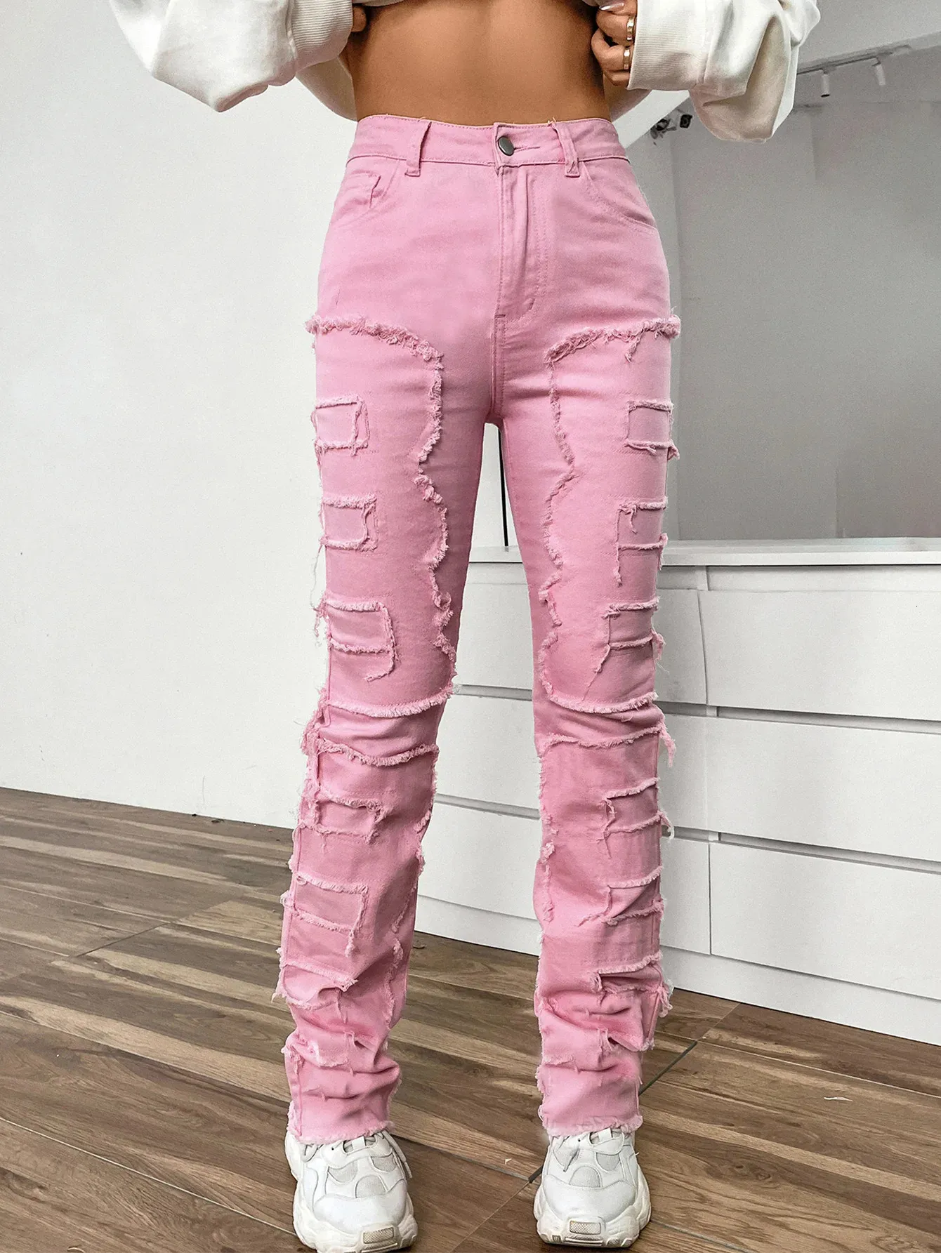 Stylish Pink Stretchy Denim Pink Jeans Women With Ripped