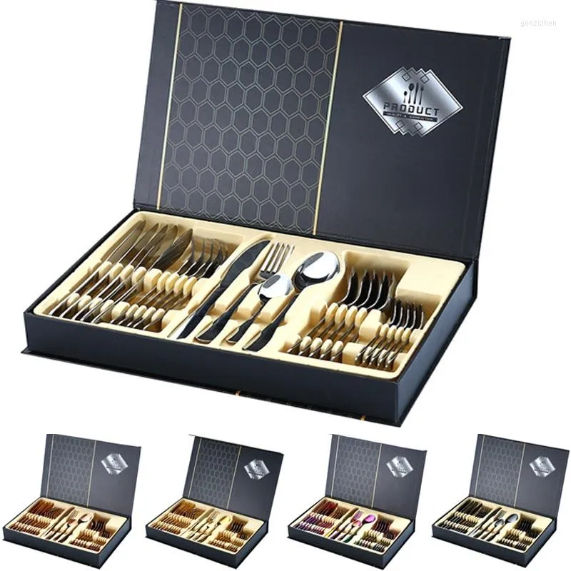 Geschirrsets Nordic Luxury Edelstahlbesteck 1010 Western Geschenkbox Set Silber Gold 24-teilig Massiv