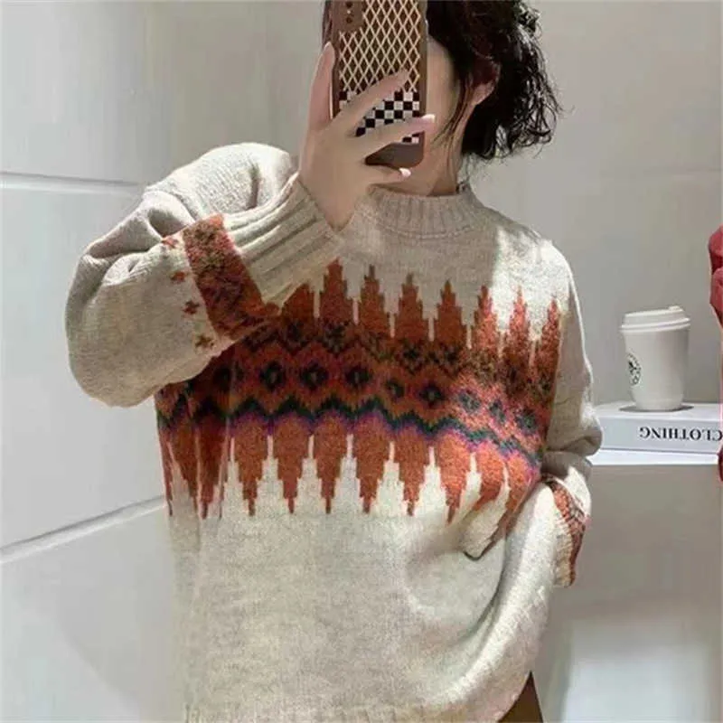 Maglione sciolto jacquard colorato maglione autunno nuovo lavorato a maglia da donna a collo alto
