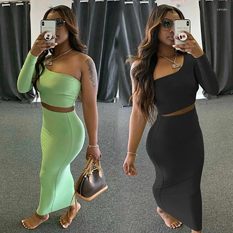 Work Dresses Spring Autumn Women Two Piece Set Crop Top Long Sleeve One Shoulder Elegant Midi Skirt Bodycon Sexy Streetwear Female Matching