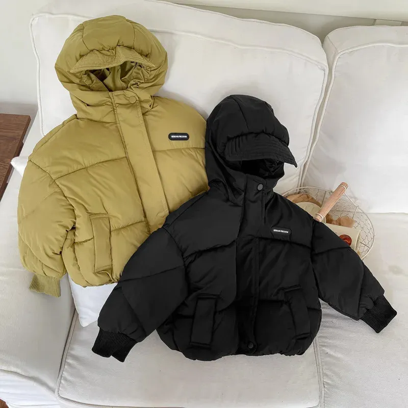 Комплекты одежды Детские зимние с капюшоном Верхняя одежда на утином пуху Корейские детские утолщенные пальто Куртки на молнии для мальчиков и девочек Черные теплые уличные пальто 231123