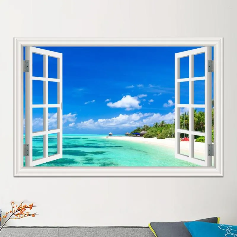 Stickers muraux Nature Image Bleu Mer Et Ciel Paysage D'été Amovible Autocollant Sticker Papier Peint 3D Fenêtre Vue Chambre Décor