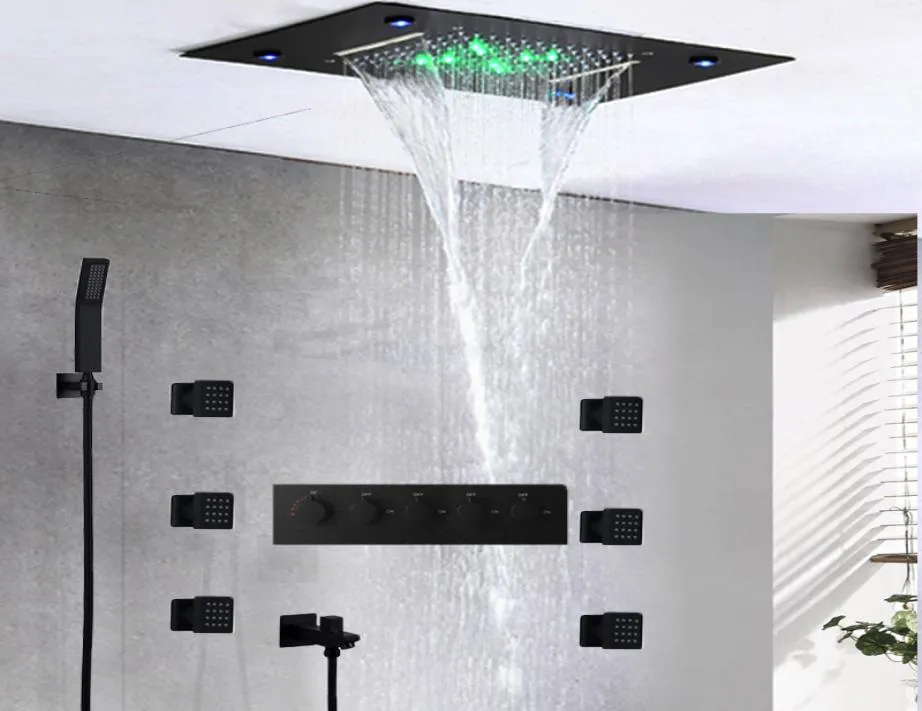 zwarte waterval doucheset massage plafond douchepaneel led thermostatisch bad badkamer 2 inch body jets regen handdouche kit6540127