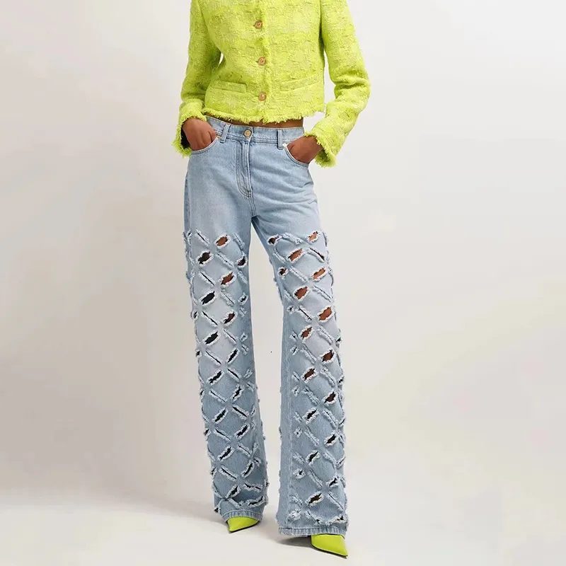 Jeans femininos inclinados jeans recutados de recorte 2023 Summer pesado calça de perna larga e meio ardente y2k cem com 230422