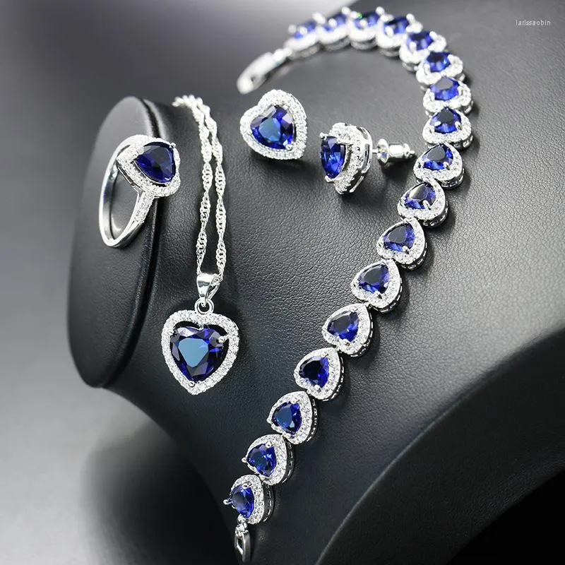 Brincos de colar Conjunto de acessórios europeus e americanos Jóias de joalheria em blue love gem jóias de noiva de quatro peças