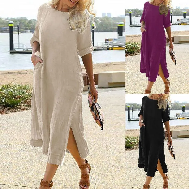 Casual Dresses Women Summer Dress Round Neck Loose Elegant Cotton Linen Retro Långärmlig slits Boho Beach sundress