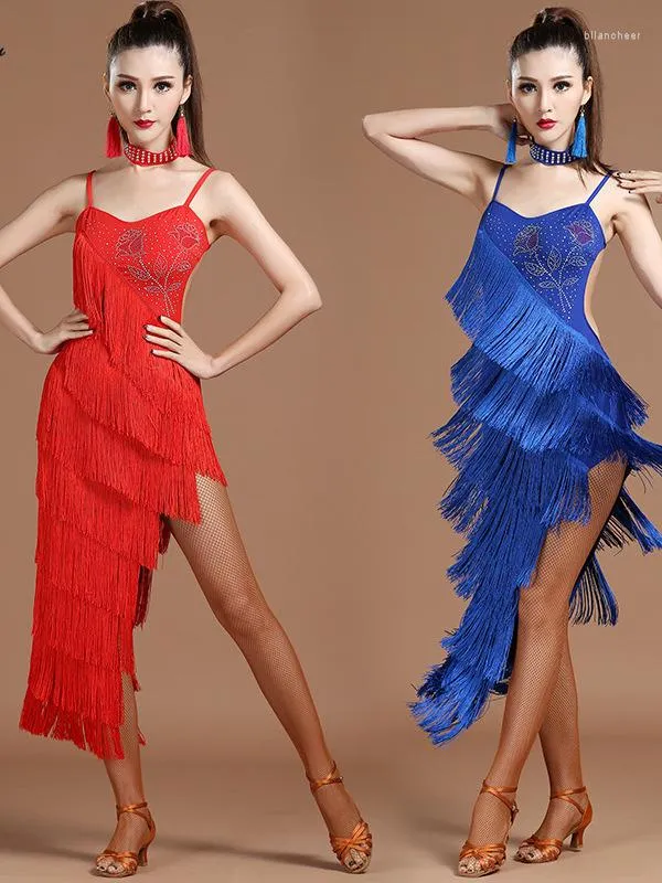 Stage Wear Latin Dance Women Salsa Samba Clothes Rhinestone Sling Backless Dress Sexy Competition Tassel Long