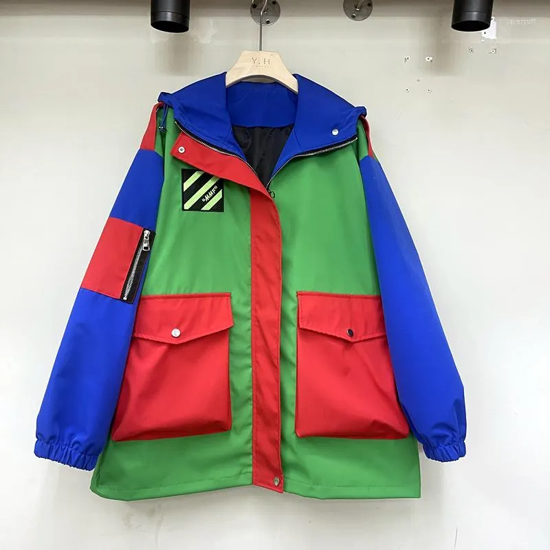 Women's Jackets Spring Autumn Stylish Color Coat Women Korean Causal Mid-Length Hooded Jacket Pocket Patchwork Windbreaker Ladies Tide G2614