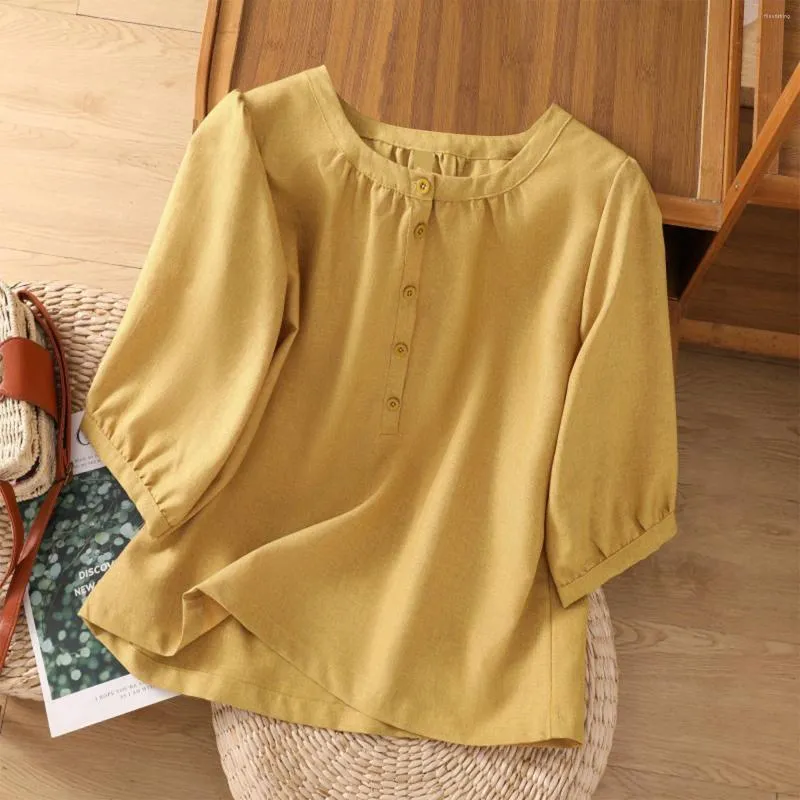 Women's T Shirts Bohemian Cotton Linen Loose Solid Color Shirt Blouse 2023 Style Ladies Button Undershirt Round Neck Top