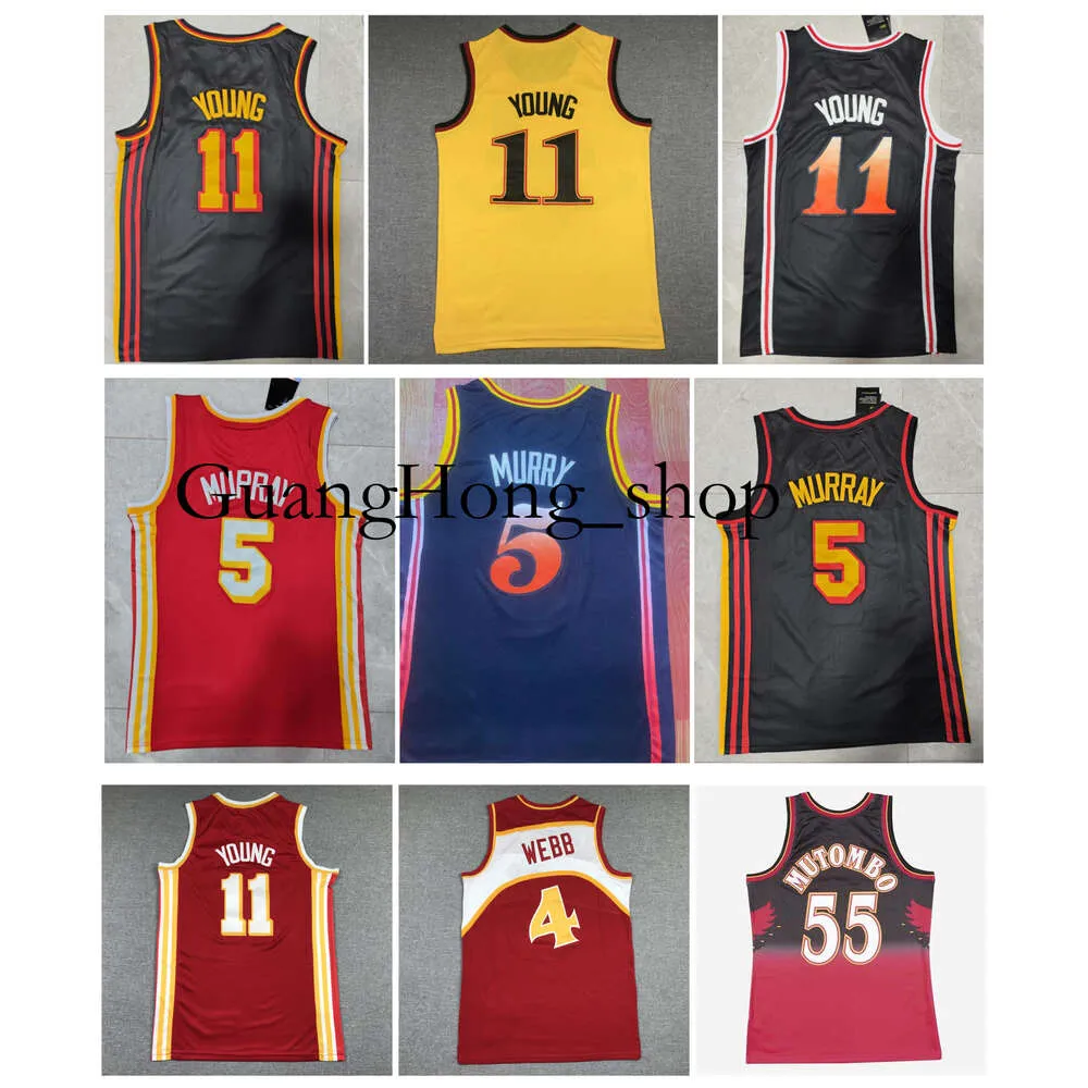 GH Hawk Trae Young Basketball Jersey Atlantas Dejounte Murray Mitch ness Spud Webb Dikembe Mutombo White Blue Red Size S-XXL