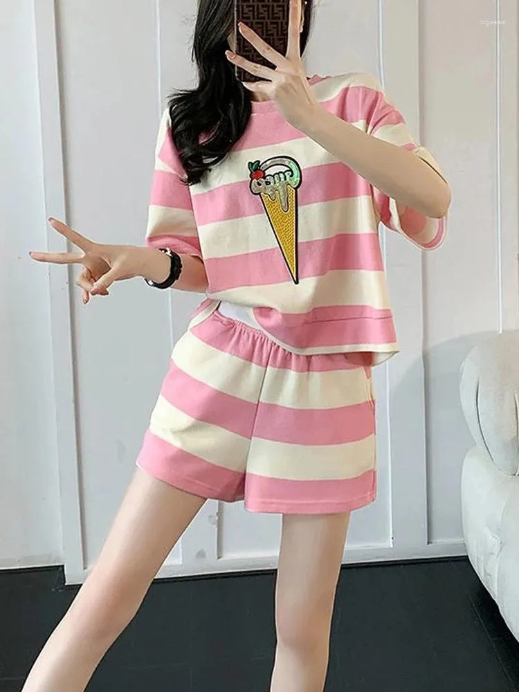Women's Two Piece Pants Pink Stripe Set Summer Loose Ice Silk Cotton Short Sleeve Shorts Sports Casual Top And