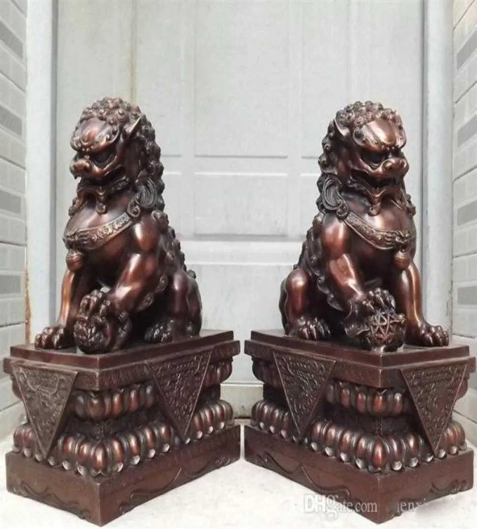 Kolekcjalna 18 Chin Pure Bronze Copper Ontelarne Drzwi Strażnik Fu Foo Dog Lion Statues Para 235I9648884