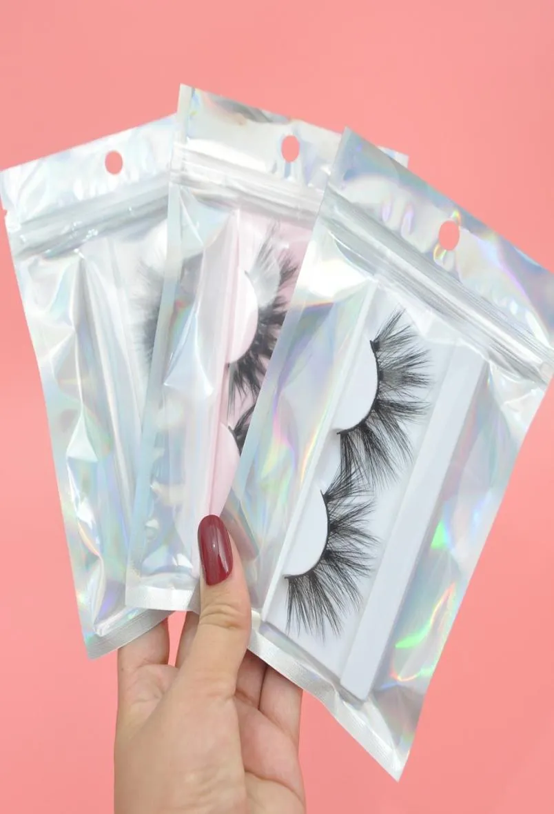 100pcs Wholesale Lashes Packaging Boxes Holographic Zip Lock Party Favor Bag Eyelashes Lash Package Box Custom Logo Sticker2733107