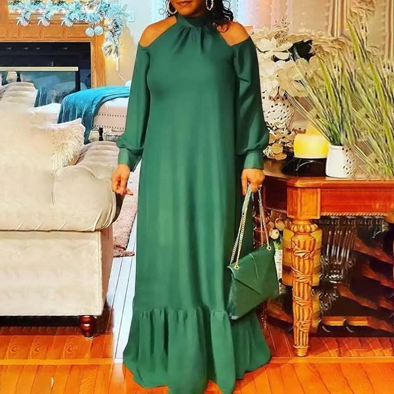 Casual Dresses VONDA Women Pleated Dress Mock Neck Long Sleeve Off Shoulder Maxi Bohemian Party Vestidos Plus Size Beach Robe